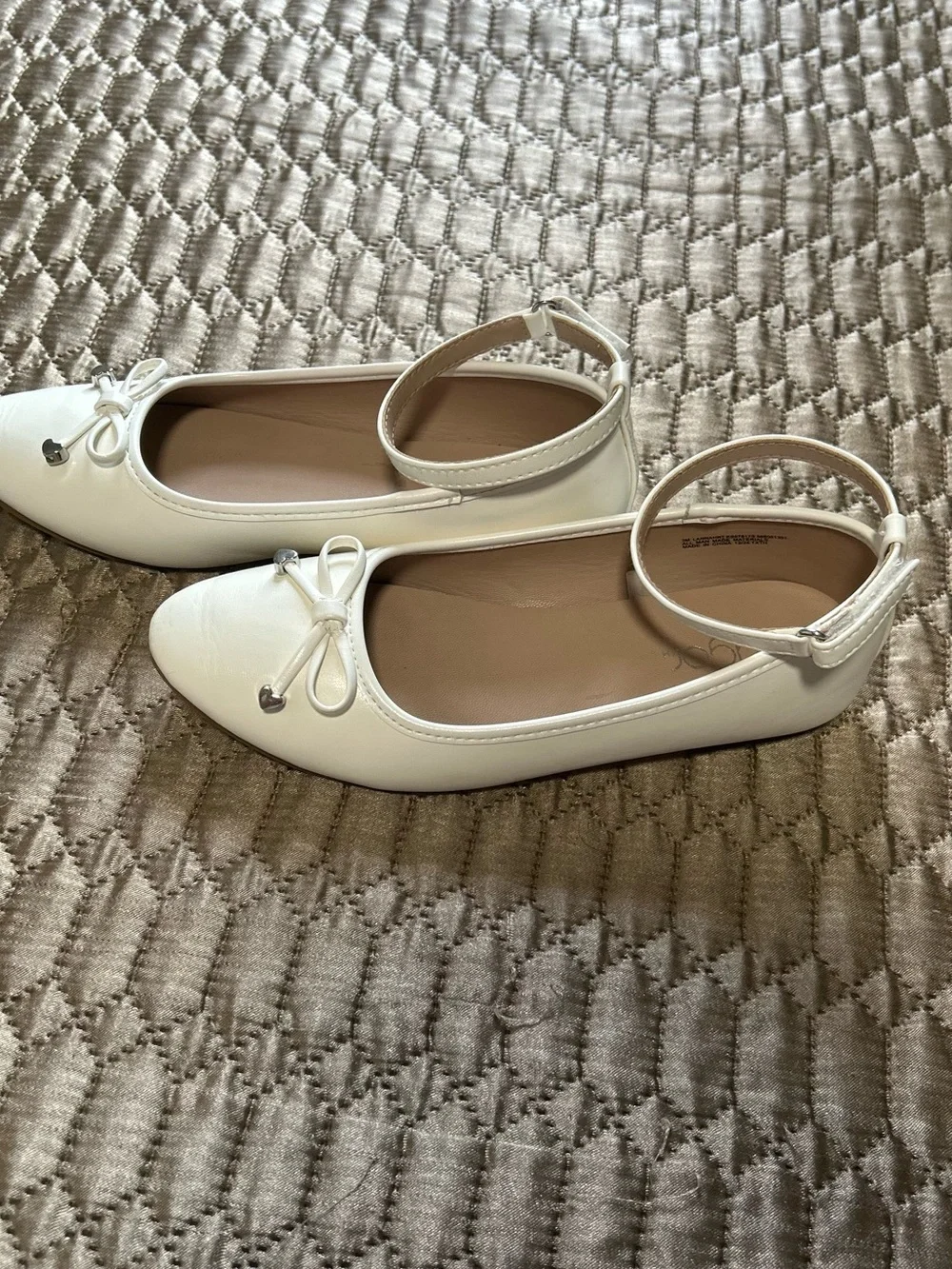 Girls' White Ankle-Strap Bow Ballet Flats